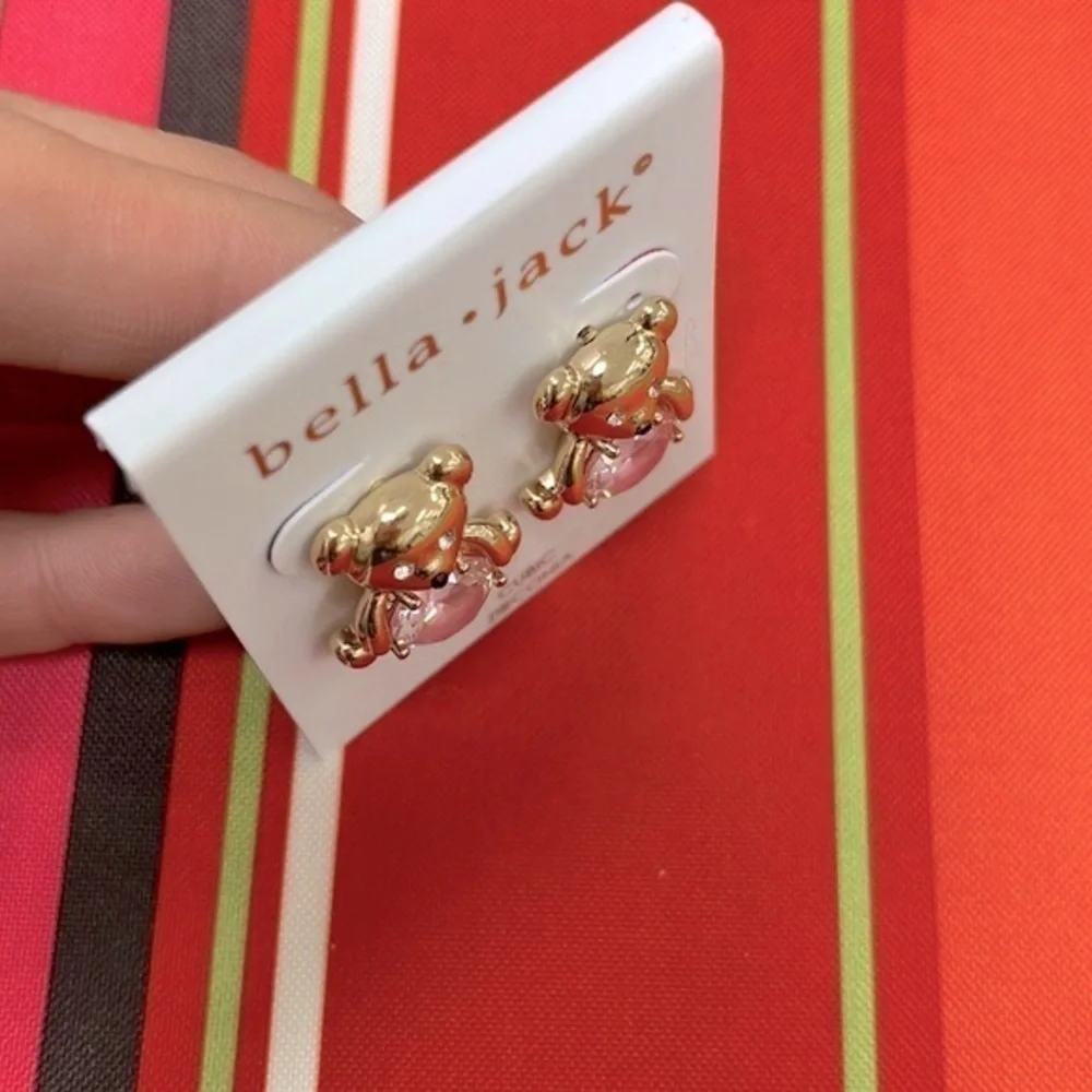 Brand New Bella Jack Teddy Bear Post Earring Gold Tone w/ Pink Stone